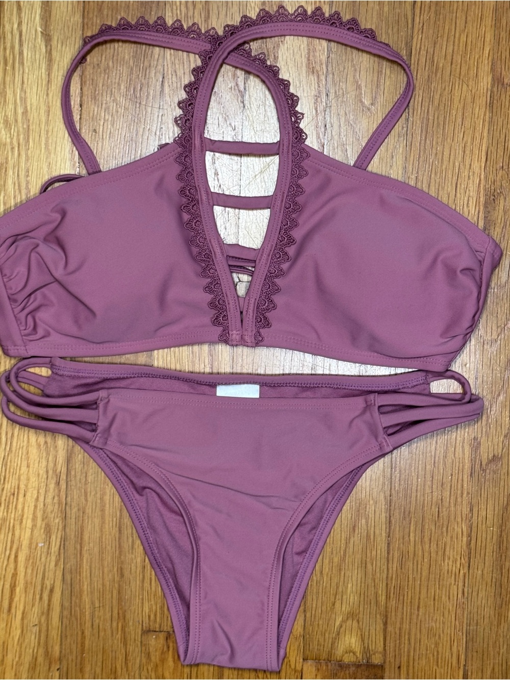 Xhilaration Dusty Rose Lace-Trim Strappy Bikini